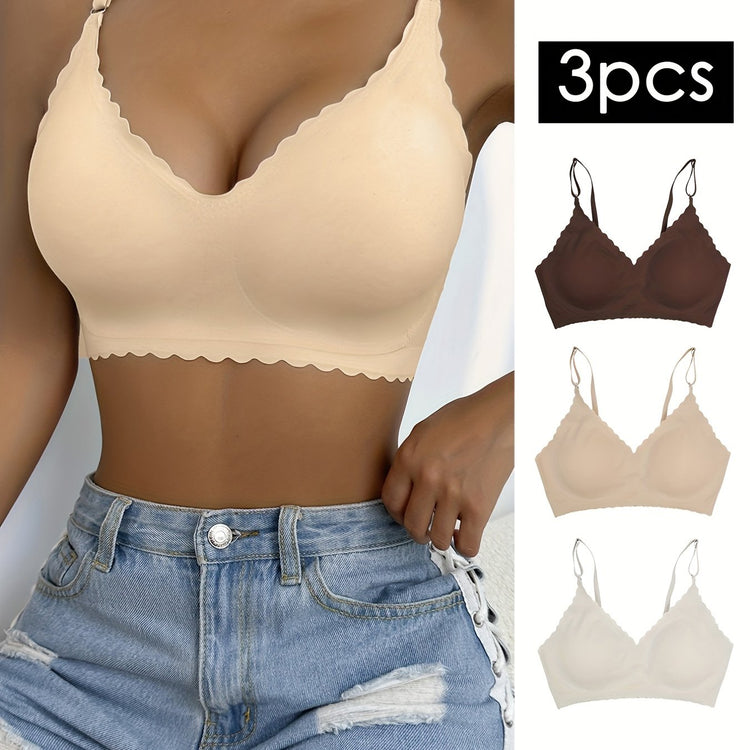 3pcs Wavy Trim Seamless Bralettes, Comfortable & Breathable Wireless Intimates Bras, Women&