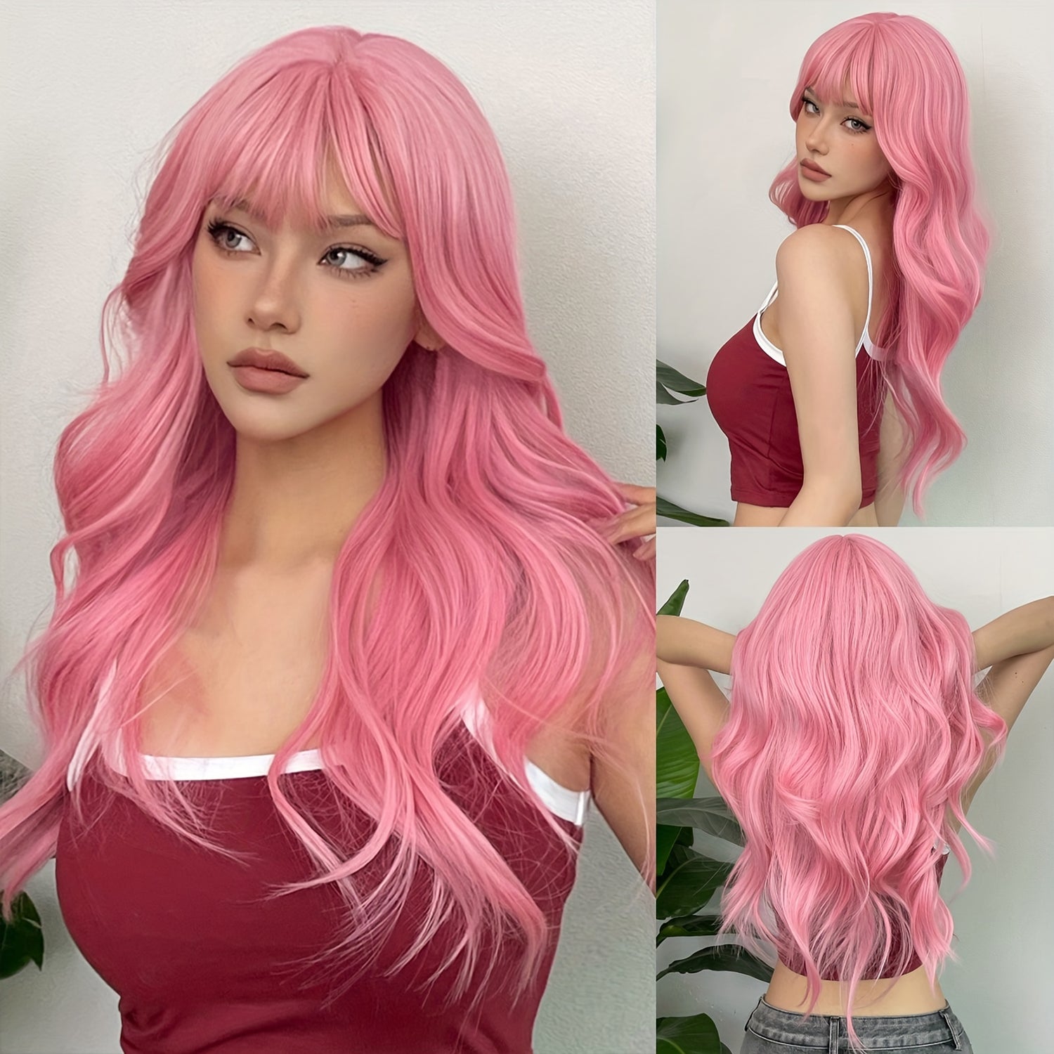 24 Inch Long, Coily, Heat Resistant Pink Body Wave Hair Wigs with Bangs - Synthetic Fiber, Fantasy Theme, Perfect for Daily, Party, Cosplay, Music Festival Use - High-Quality, Soft, Natural-Looking Hair for Women and Girls - Lena & Miles Exquisite Boutique LLC.