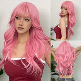 24 Inch Long, Coily, Heat Resistant Pink Body Wave Hair Wigs with Bangs - Synthetic Fiber, Fantasy Theme, Perfect for Daily, Party, Cosplay, Music Festival Use - High-Quality, Soft, Natural-Looking Hair for Women and Girls - Lena & Miles Exquisite Boutique LLC.