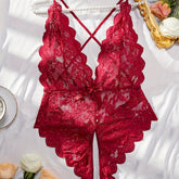 Plus Size Seductive Floral Lace Bodysuit - Plunging Halter Neck, Open Crotch, Medium Stretch, Sheer, Knit Fabric, Polyester Material - Sexy Lingerie for Women - Lena & Miles Exquisite Boutique LLC.