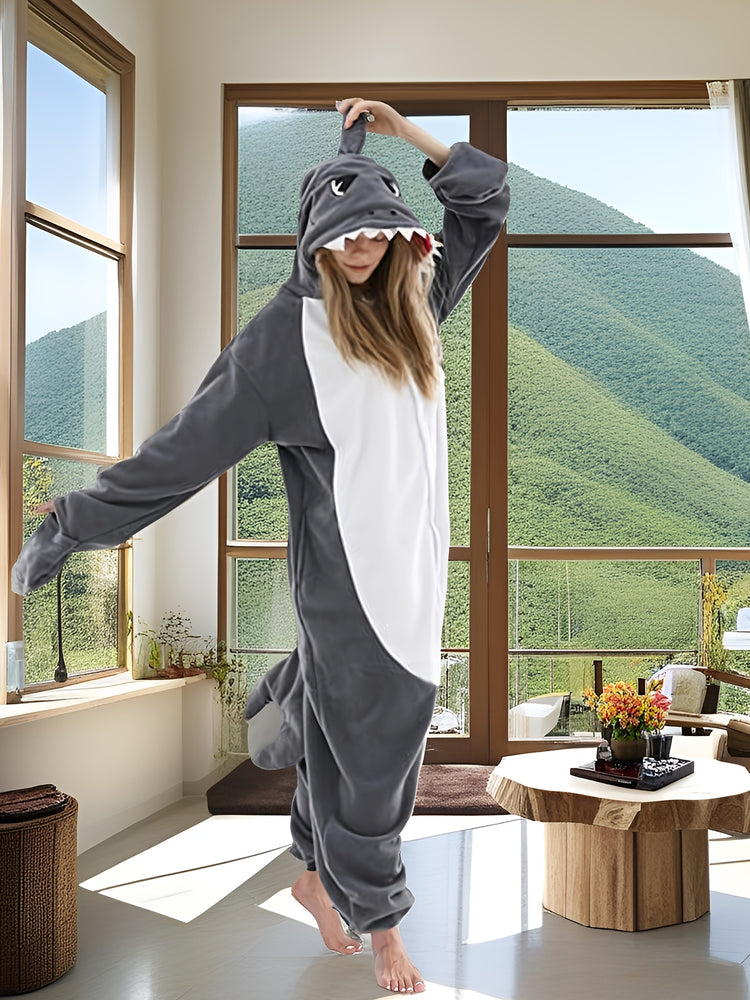 Christmas Cartoon Shark One Piece Pajama, Soft & Comfy Long Sleeve Hooded Pajama Jumpsuit, Women&
