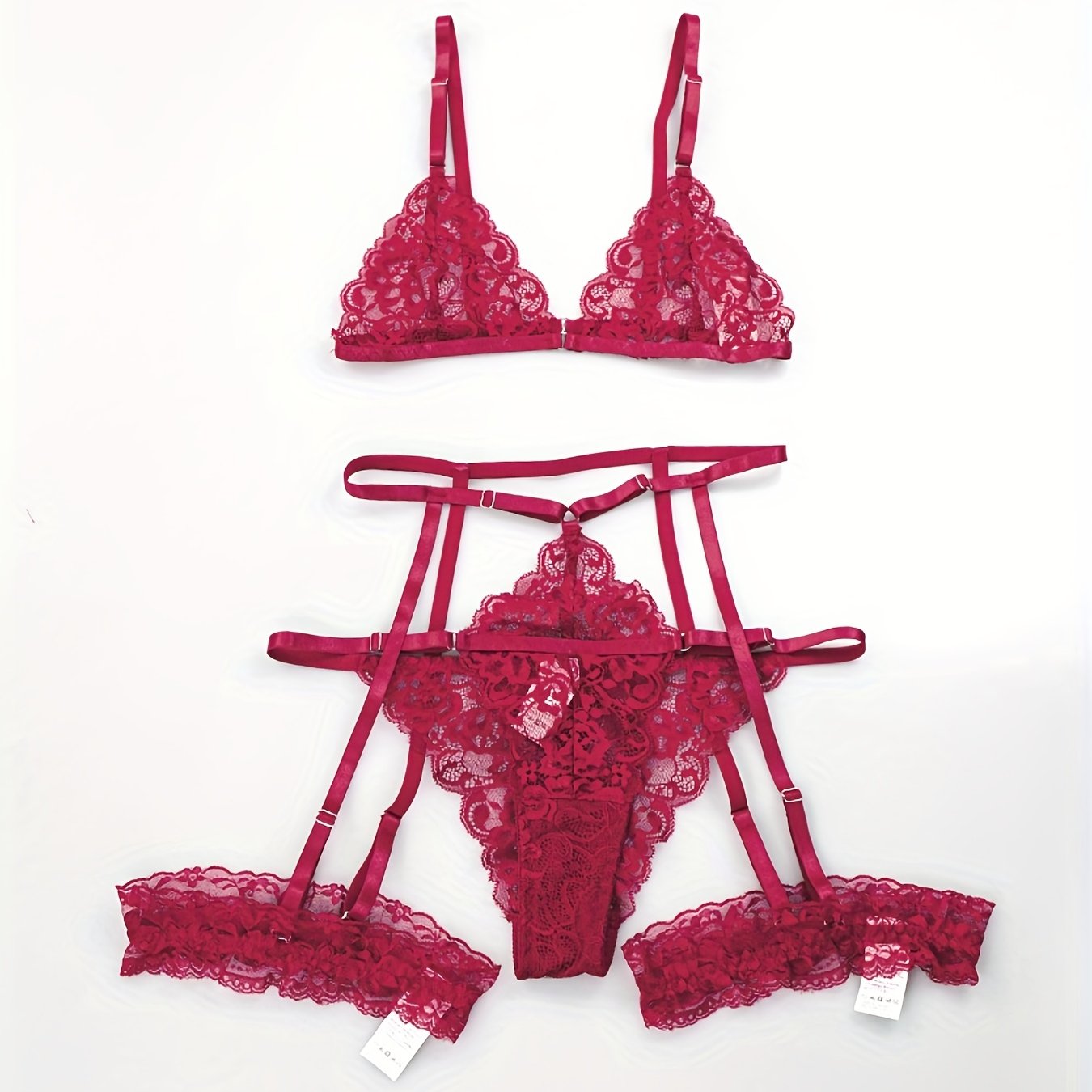 Sultry Floral Lace Lingerie Set - Sheer Bra, Garter Belt, G-String, Leg Ring - Women&
