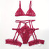 Sultry Floral Lace Lingerie Set - Sheer Bra, Garter Belt, G-String, Leg Ring - Women&