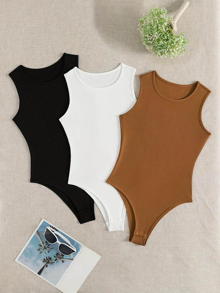 3-Pack Versatile Sleeveless Bodysuits for Women - Form-Fitting Crew Neck Design, Everyday Comfort & Style in a Bodycon Fit - Lena & Miles Exquisite Boutique LLC.