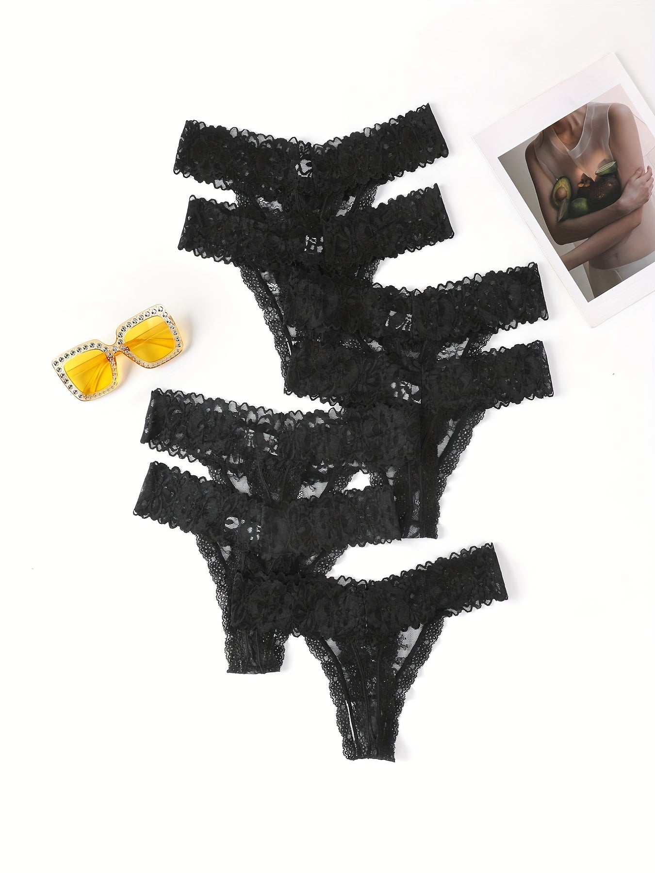 7pcs Floral Lace Cheeky Thongs, Sultry Semi-sheer Low Waist Panties, Women&