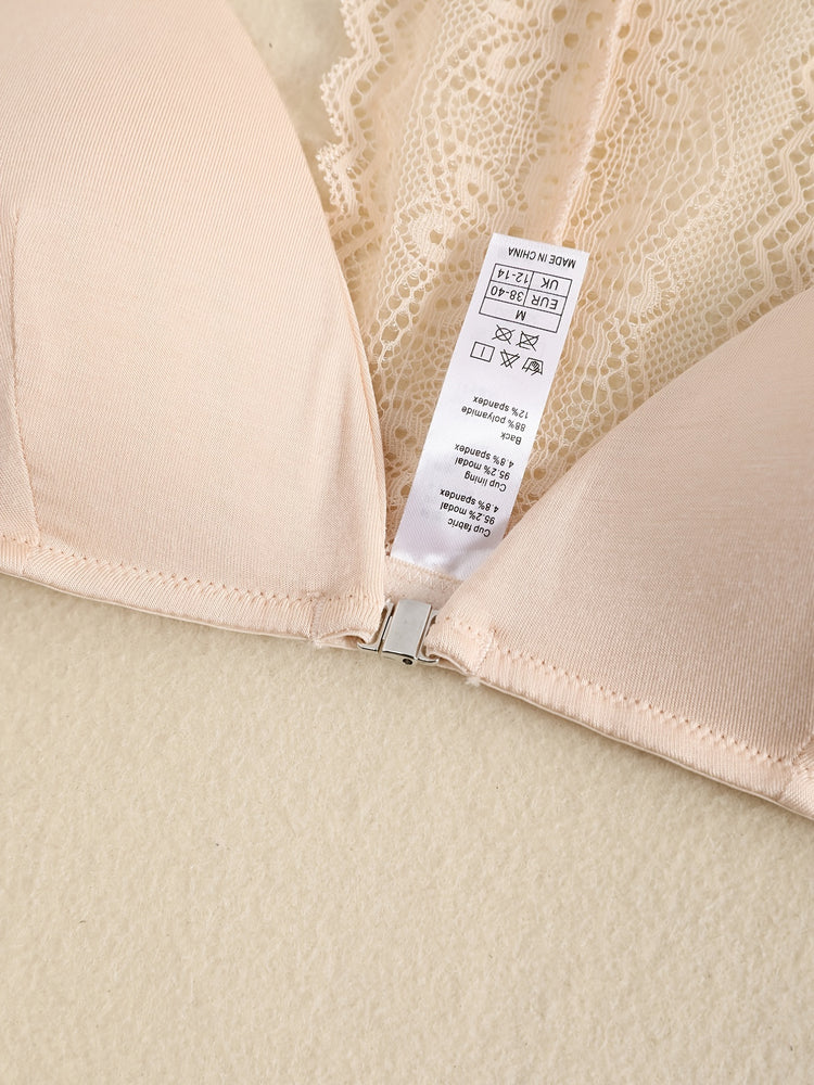 Triangle Cups Front Buckle Bras, Lace Stitching Beauty Back Bra With Removable Pads, Women&