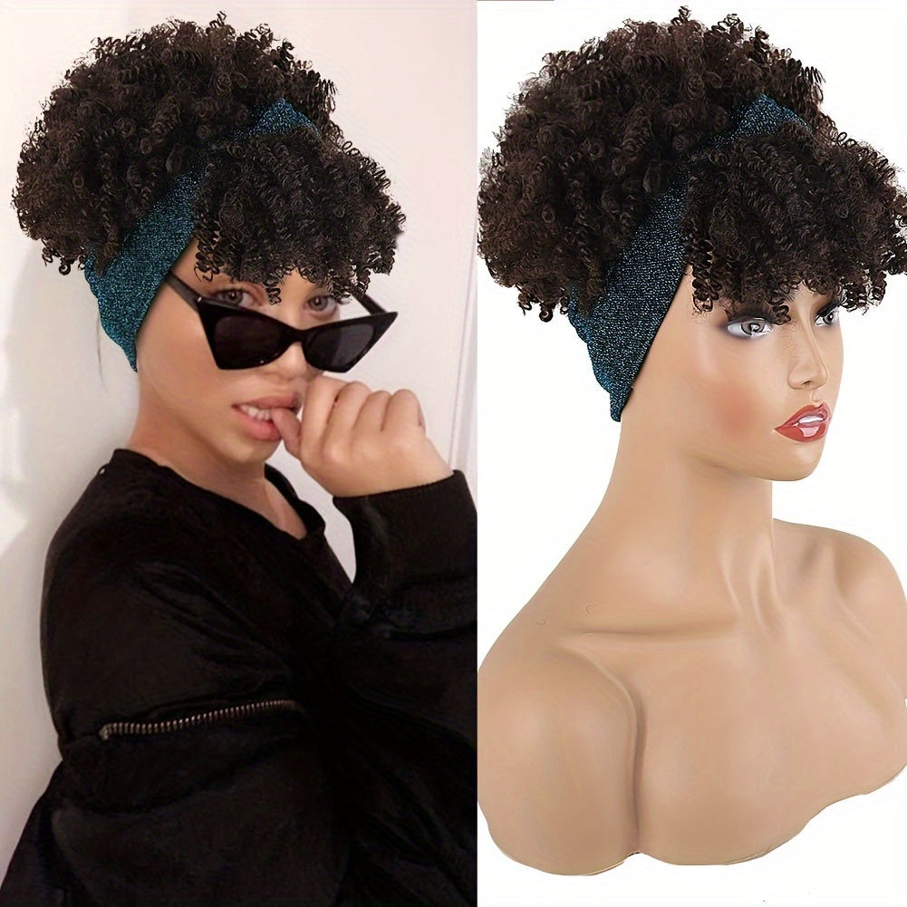 Headband Wigs For Women, Synthetic Short Afro Kinky Curly Wigs Dark Brown Wig With Bangs Wrap Wigs 2 In 1 Turban Wig Drawstring High Puff Wigs Headwrap Wigs With Headband Attached Updo Music Festival - Lena & Miles Exquisite Boutique LLC.