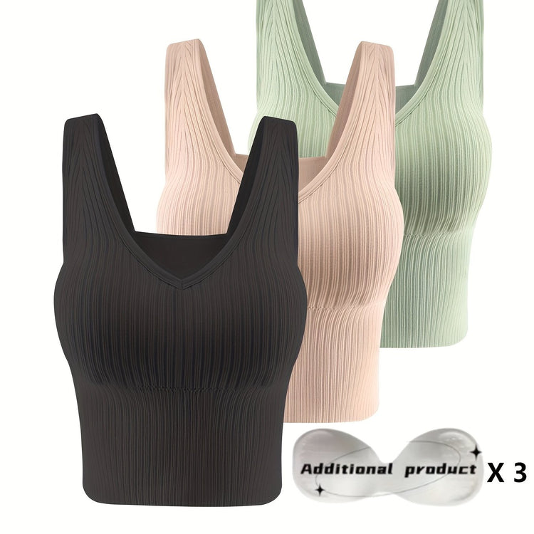 3pcs Comfortable Ribbed Tank Top - Wireless, Detachable Chest Pads, Breathable, Soft, and Seamless Lingerie & Underwear for Women - Casual, Everyday Wear - Lena & Miles Exquisite Boutique LLC.