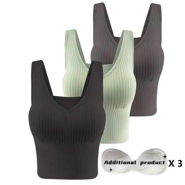 3pcs Comfortable Ribbed Tank Top - Wireless, Detachable Chest Pads, Breathable, Soft, and Seamless Lingerie & Underwear for Women - Casual, Everyday Wear - Lena & Miles Exquisite Boutique LLC.