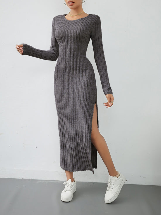 Stylish Solid Ribbed Split Dress - Elegant Women&