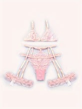 Sultry Floral Lace Lingerie Set - Sheer Bra, Garter Belt, G-String, Leg Ring - Women&