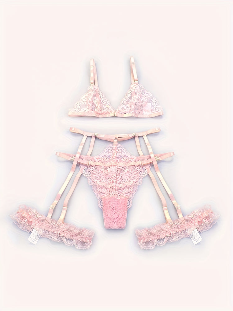 Sultry Floral Lace Lingerie Set - Sheer Bra, Garter Belt, G-String, Leg Ring - Women&