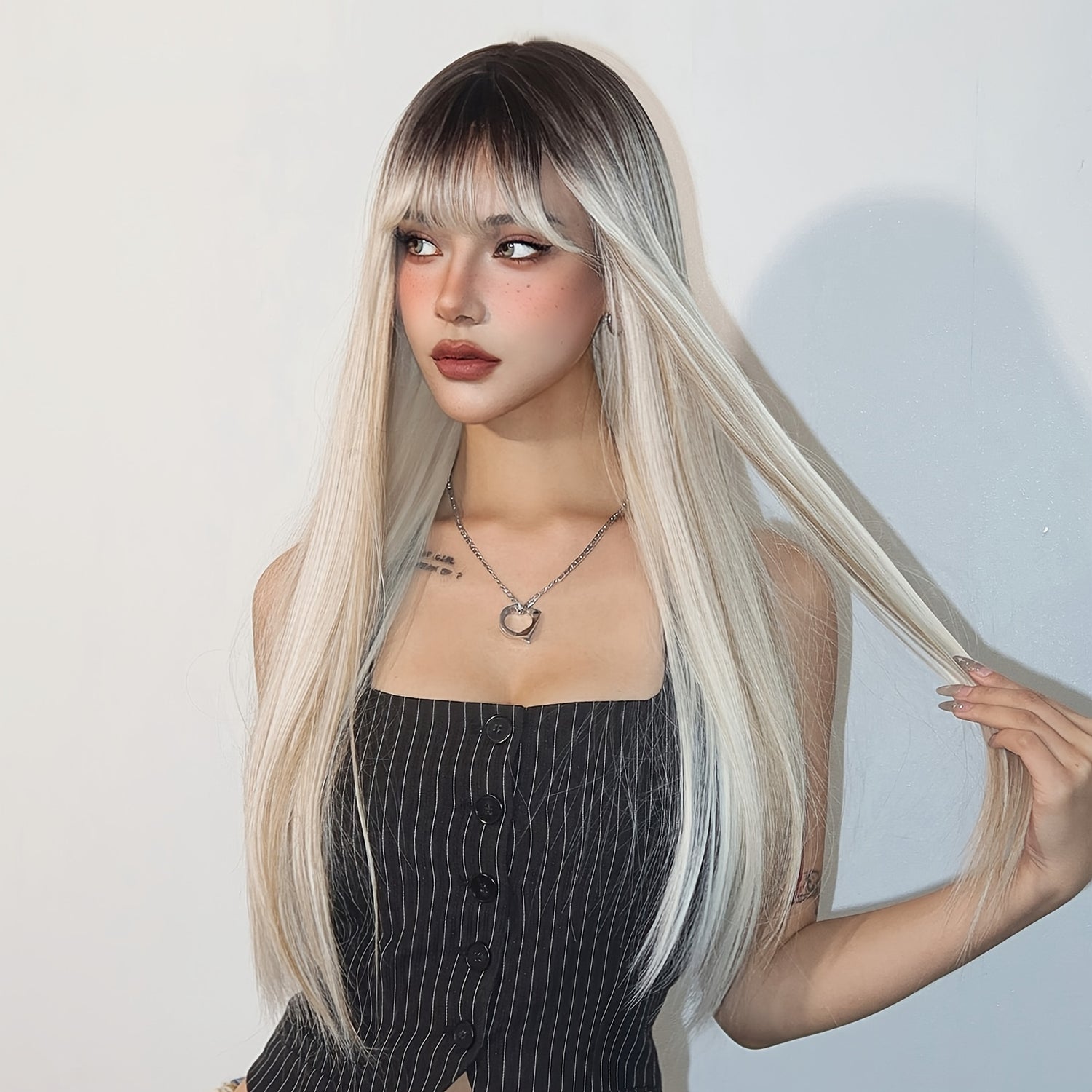 Champagne Blonde And Ivory White Mixed Wigs With Brown Gradient Color Hair Roots 28 Inch Long Straight Front Bangs Wigs Natural-looking Everyday Wigs Heat-resistant Synthetic Wigs Music Festival - Lena & Miles Exquisite Boutique LLC.