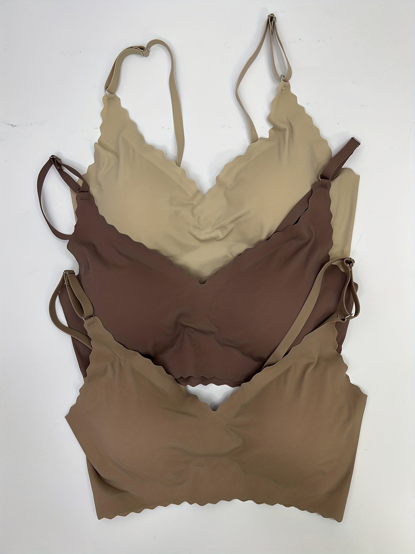 3pcs Wavy Trim Seamless Bralettes, Comfortable & Breathable Wireless Intimates Bras, Women&