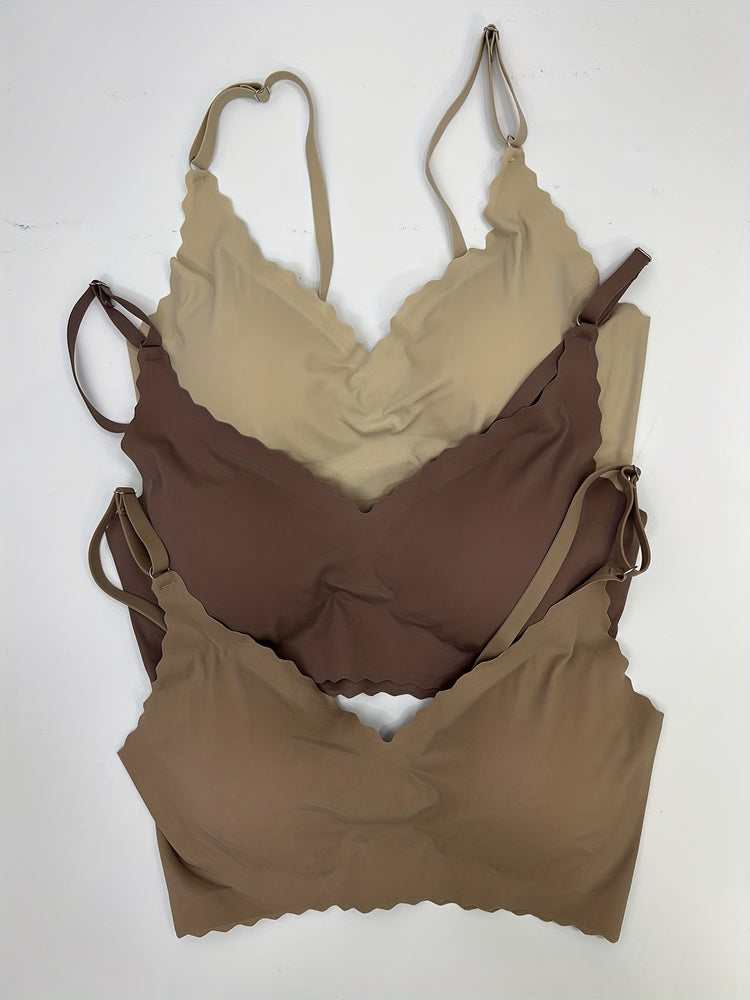 3pcs Wavy Trim Seamless Bralettes, Comfortable & Breathable Wireless Intimates Bras, Women&