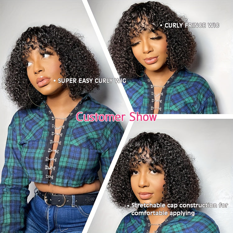 Jerry Curly Human Hair Wigs With Bangs Full Machine Made Wigs Natural Colored Wigs For Women Peruvian Remy Hair 180% - Lena & Miles Exquisite Boutique LLC.