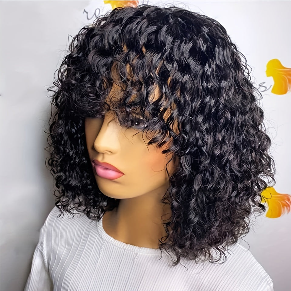 Jerry Curly Human Hair Wigs With Bangs Full Machine Made Wigs Natural Colored Wigs For Women Peruvian Remy Hair 180% - Lena & Miles Exquisite Boutique LLC.