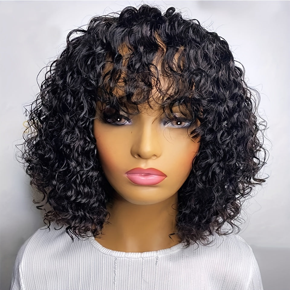Jerry Curly Human Hair Wigs With Bangs Full Machine Made Wigs Natural Colored Wigs For Women Peruvian Remy Hair 180% - Lena & Miles Exquisite Boutique LLC.