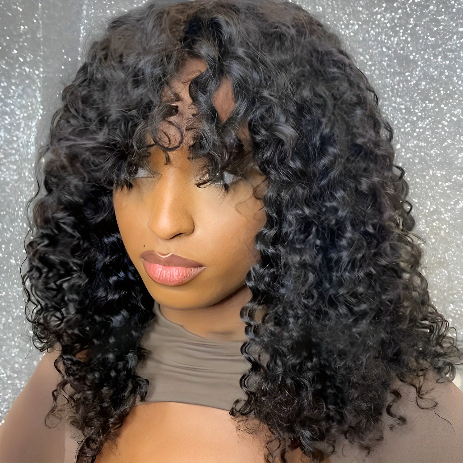 Jerry Curly Human Hair Wigs With Bangs Full Machine Made Wigs Natural Colored Wigs For Women Peruvian Remy Hair 180% - Lena & Miles Exquisite Boutique LLC.