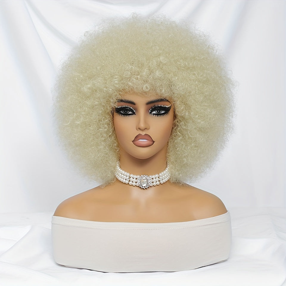 Short Afro Wigs For Women Blonde 10 Inch Afro Curly Wig With Bangs 70s Large Bouncy Soft Synthetic Female Wigs For Party Cosplay - Lena & Miles Exquisite Boutique LLC.