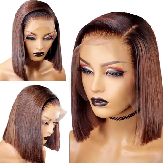 12A Double Drawn 210% Density Bone Straight Hair Bob Wig 13x4 Lace Front Wig 10-16 Inches Chocolate Brown Human Hair Wig - Lena & Miles Exquisite Boutique LLC.