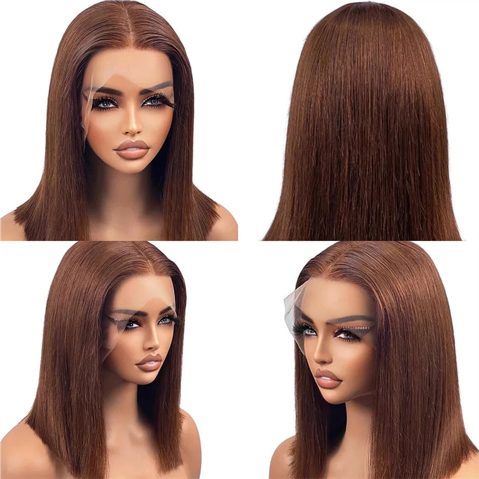 12A Double Drawn 210% Density Bone Straight Hair Bob Wig 13x4 Lace Front Wig 10-16 Inches Chocolate Brown Human Hair Wig - Lena & Miles Exquisite Boutique LLC.