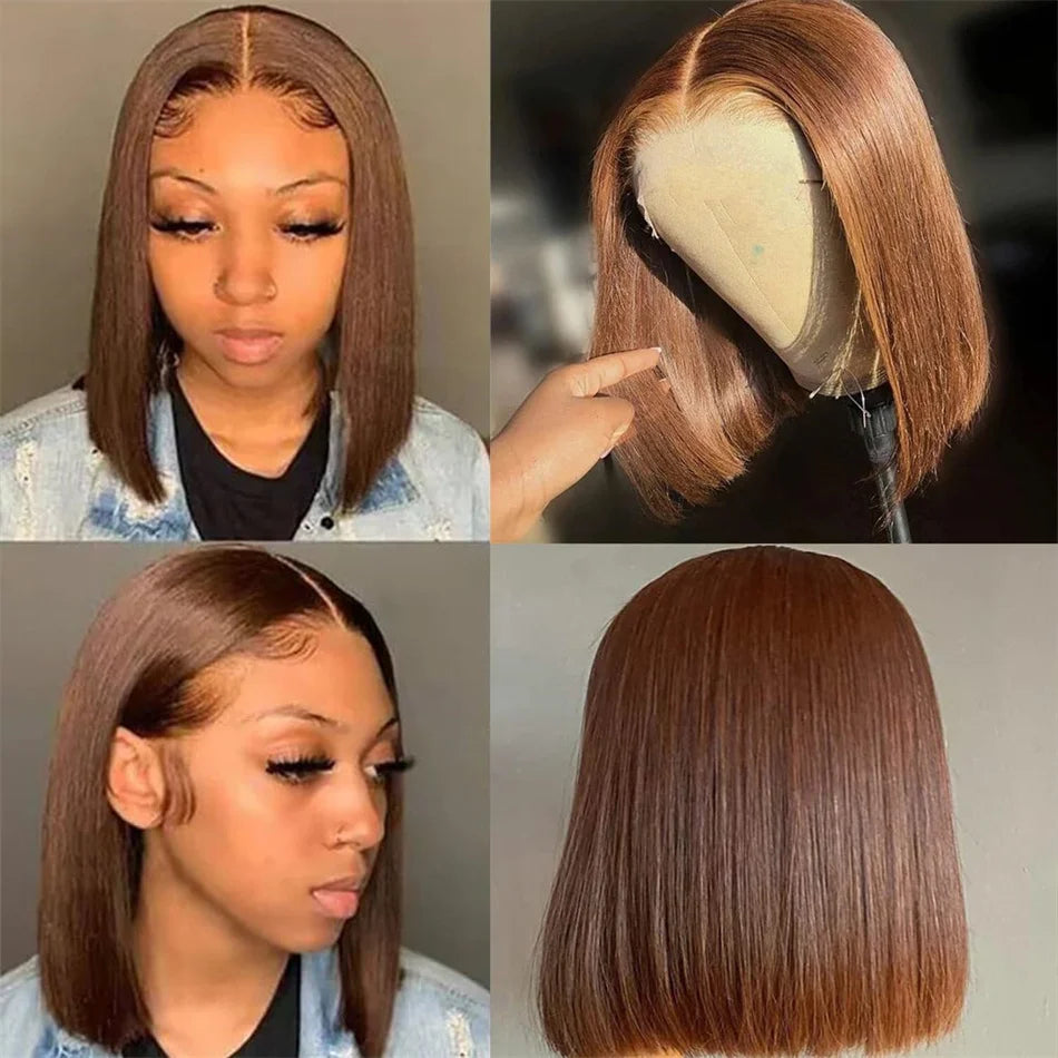 12A Double Drawn 210% Density Bone Straight Hair Bob Wig 13x4 Lace Front Wig 10-16 Inches Chocolate Brown Human Hair Wig - Lena & Miles Exquisite Boutique LLC.