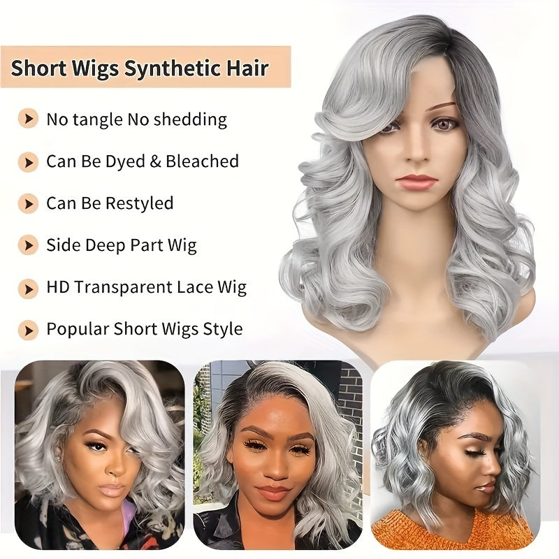 Black Gray Loose Wave Curly Hair Wigs Synthetic T Part Lace Front Wigs Bob Body Wave Wigs For Woman Heat Resistant Fiber Wigs - Lena & Miles Exquisite Boutique LLC.