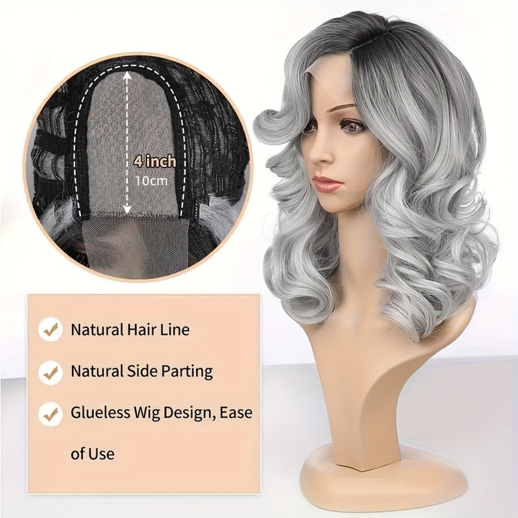 Black Gray Loose Wave Curly Hair Wigs Synthetic T Part Lace Front Wigs Bob Body Wave Wigs For Woman Heat Resistant Fiber Wigs - Lena & Miles Exquisite Boutique LLC.