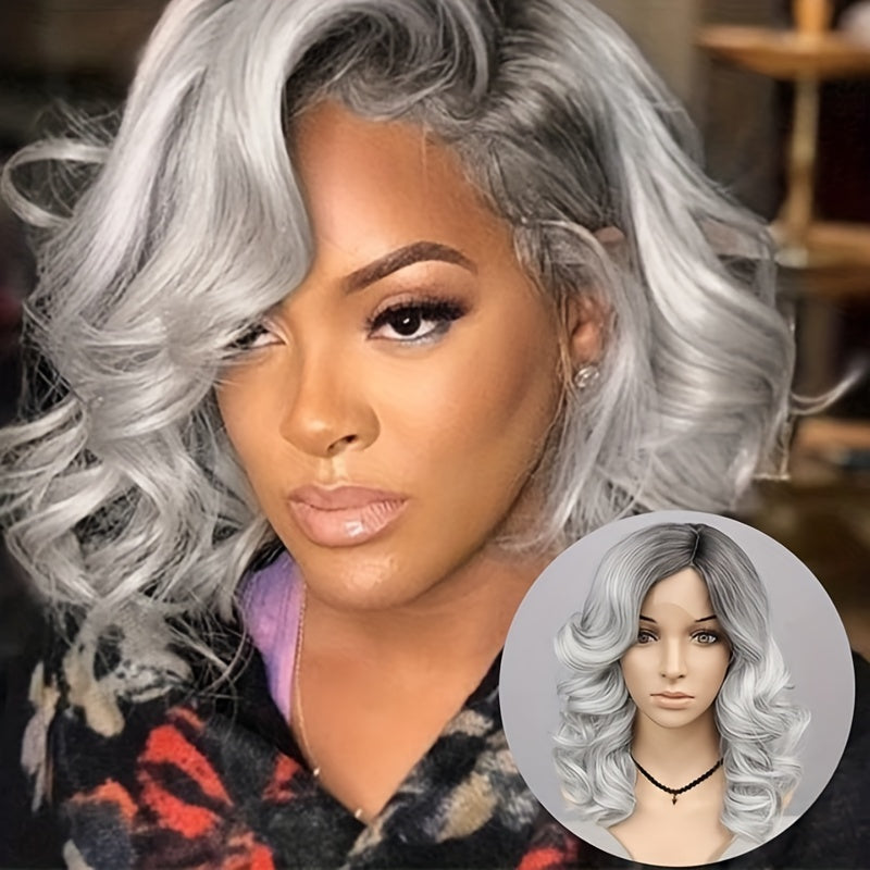 Black Gray Loose Wave Curly Hair Wigs Synthetic T Part Lace Front Wigs Bob Body Wave Wigs For Woman Heat Resistant Fiber Wigs - Lena & Miles Exquisite Boutique LLC.