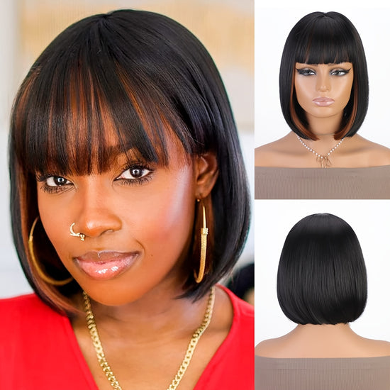 Bob Wig With Bangs - 12 Inch Black Mix Burgundy Wine-Red Blunt Cut Bob Wigs For Women, Highlight Short Straight Synthetic Daily Use Wigs - Lena & Miles Exquisite Boutique LLC.