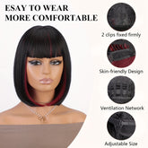 Bob Wig With Bangs - 12 Inch Black Mix Burgundy Wine-Red Blunt Cut Bob Wigs For Women, Highlight Short Straight Synthetic Daily Use Wigs - Lena & Miles Exquisite Boutique LLC.