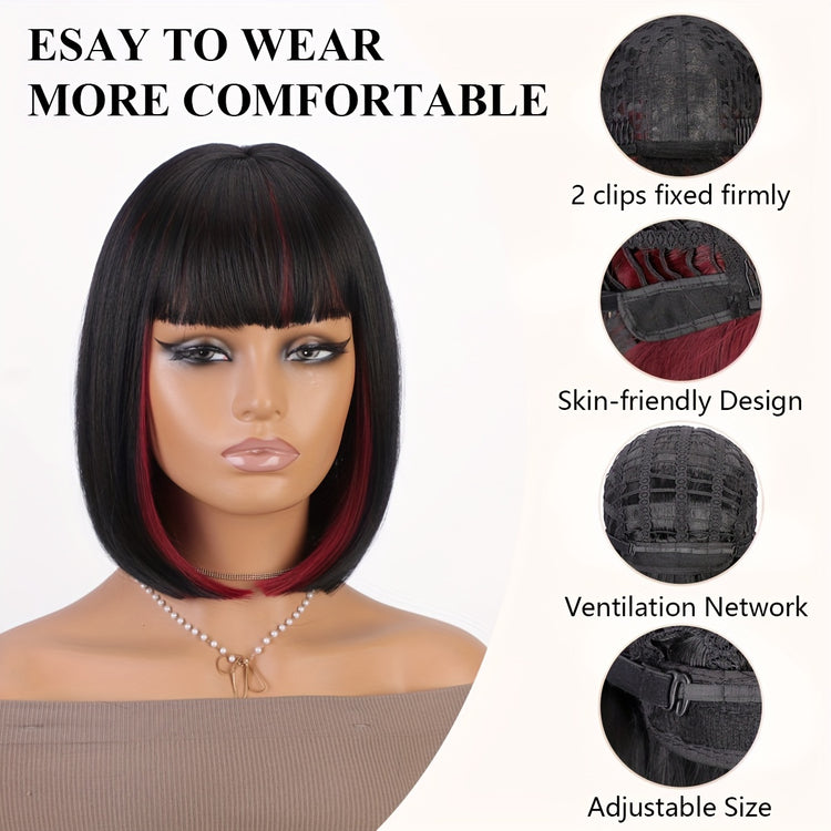 Bob Wig With Bangs - 12 Inch Black Mix Burgundy Wine-Red Blunt Cut Bob Wigs For Women, Highlight Short Straight Synthetic Daily Use Wigs - Lena & Miles Exquisite Boutique LLC.