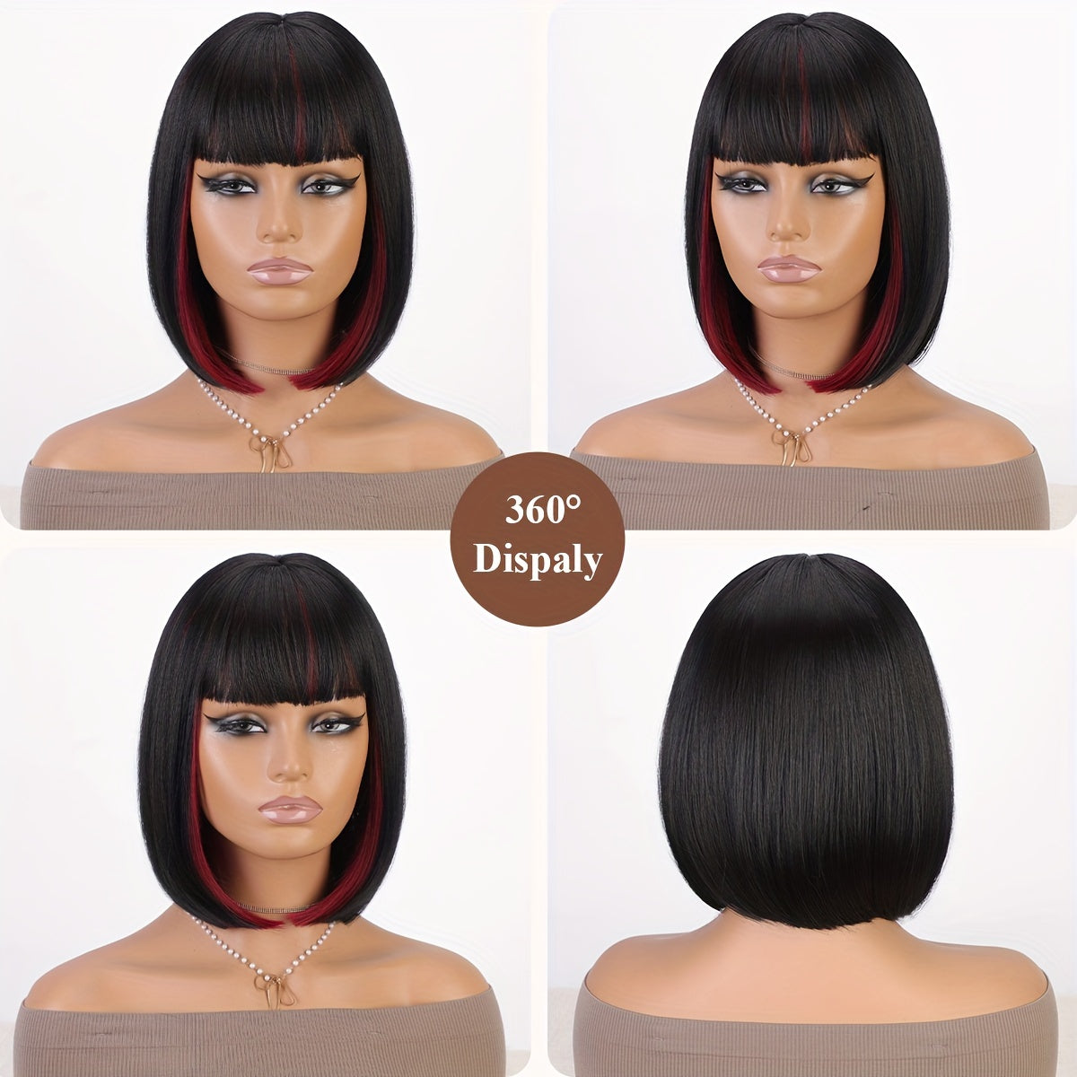 Bob Wig With Bangs - 12 Inch Black Mix Burgundy Wine-Red Blunt Cut Bob Wigs For Women, Highlight Short Straight Synthetic Daily Use Wigs - Lena & Miles Exquisite Boutique LLC.