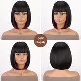 Bob Wig With Bangs - 12 Inch Black Mix Burgundy Wine-Red Blunt Cut Bob Wigs For Women, Highlight Short Straight Synthetic Daily Use Wigs - Lena & Miles Exquisite Boutique LLC.