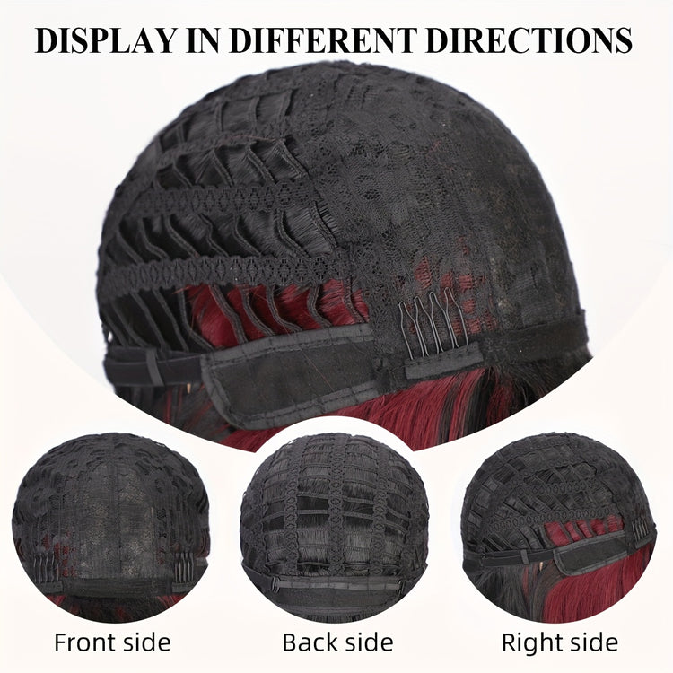 Bob Wig With Bangs - 12 Inch Black Mix Burgundy Wine-Red Blunt Cut Bob Wigs For Women, Highlight Short Straight Synthetic Daily Use Wigs - Lena & Miles Exquisite Boutique LLC.