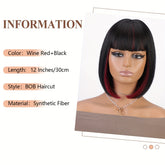 Bob Wig With Bangs - 12 Inch Black Mix Burgundy Wine-Red Blunt Cut Bob Wigs For Women, Highlight Short Straight Synthetic Daily Use Wigs - Lena & Miles Exquisite Boutique LLC.