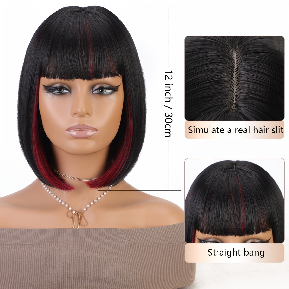 Bob Wig With Bangs - 12 Inch Black Mix Burgundy Wine-Red Blunt Cut Bob Wigs For Women, Highlight Short Straight Synthetic Daily Use Wigs - Lena & Miles Exquisite Boutique LLC.