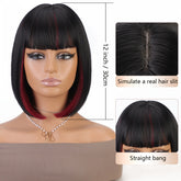Bob Wig With Bangs - 12 Inch Black Mix Burgundy Wine-Red Blunt Cut Bob Wigs For Women, Highlight Short Straight Synthetic Daily Use Wigs - Lena & Miles Exquisite Boutique LLC.
