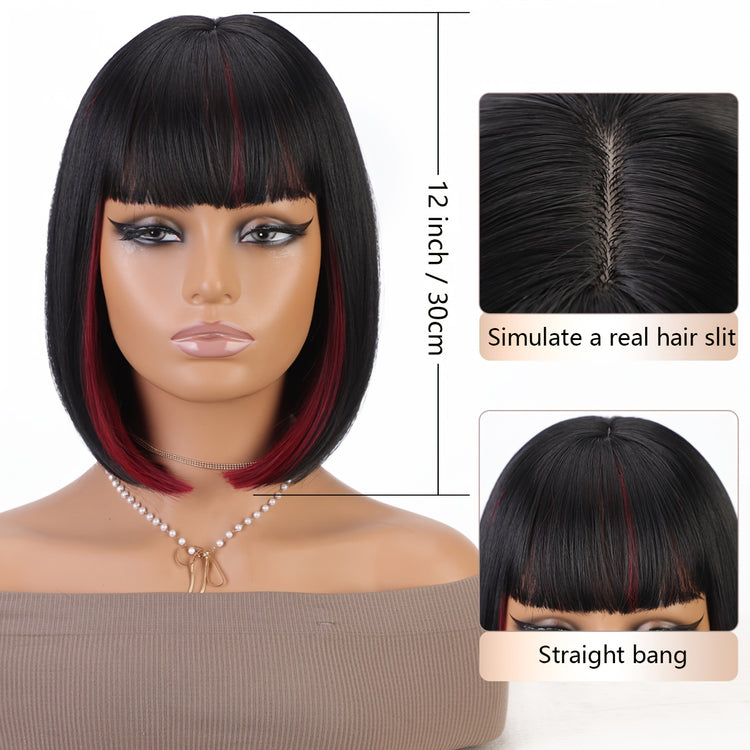 Bob Wig With Bangs - 12 Inch Black Mix Burgundy Wine-Red Blunt Cut Bob Wigs For Women, Highlight Short Straight Synthetic Daily Use Wigs - Lena & Miles Exquisite Boutique LLC.