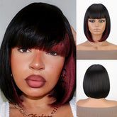 Bob Wig With Bangs - 12 Inch Black Mix Burgundy Wine-Red Blunt Cut Bob Wigs For Women, Highlight Short Straight Synthetic Daily Use Wigs - Lena & Miles Exquisite Boutique LLC.