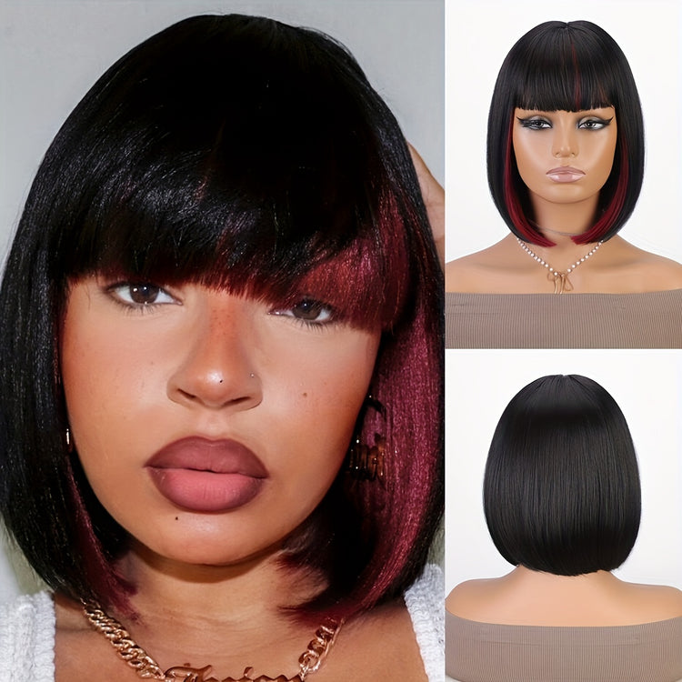 Bob Wig With Bangs - 12 Inch Black Mix Burgundy Wine-Red Blunt Cut Bob Wigs For Women, Highlight Short Straight Synthetic Daily Use Wigs - Lena & Miles Exquisite Boutique LLC.