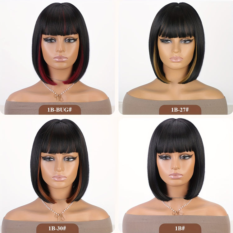 Bob Wig With Bangs - 12 Inch Black Mix Burgundy Wine-Red Blunt Cut Bob Wigs For Women, Highlight Short Straight Synthetic Daily Use Wigs - Lena & Miles Exquisite Boutique LLC.