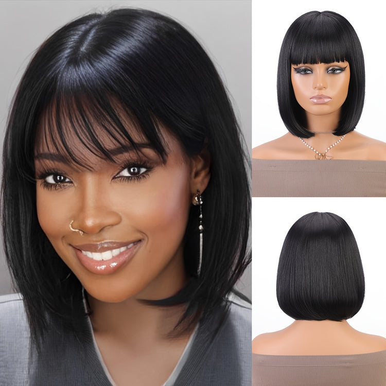 Bob Wig With Bangs - 12 Inch Black Mix Burgundy Wine-Red Blunt Cut Bob Wigs For Women, Highlight Short Straight Synthetic Daily Use Wigs - Lena & Miles Exquisite Boutique LLC.