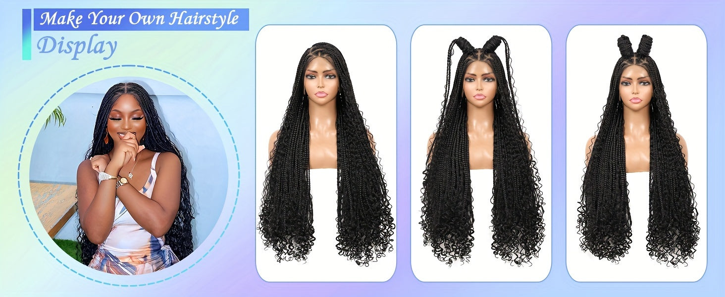 36 Bohemian Chic Box Braids Wig - Triangle Knotless & Curly - Synthetic Embroidered Double Lace Wigs for Women - Lena & Miles Exquisite Boutique LLC.