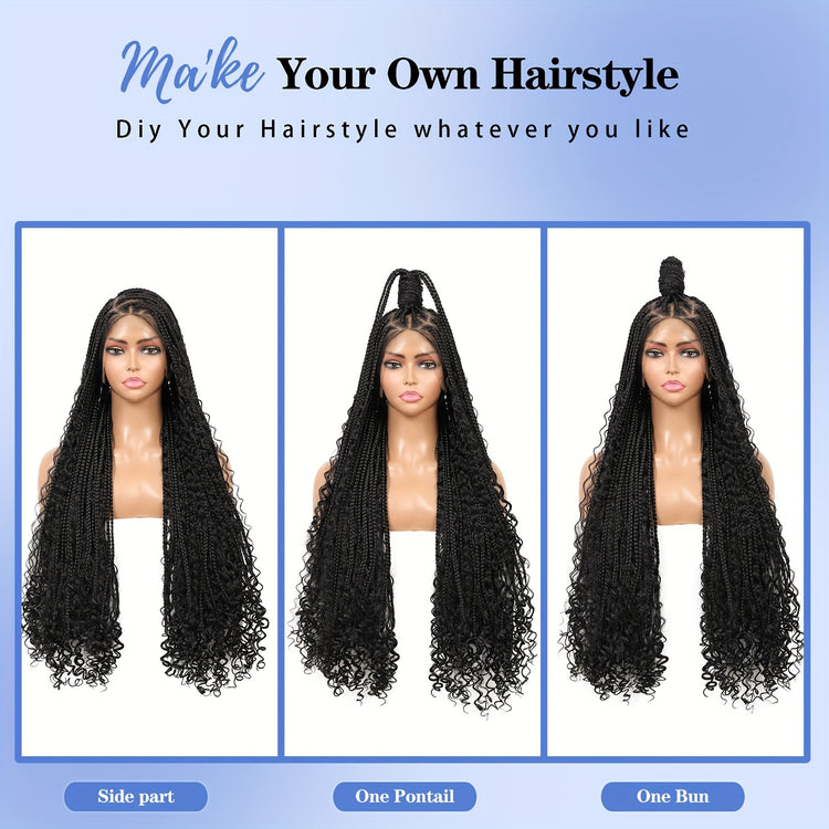 36 Bohemian Chic Box Braids Wig - Triangle Knotless & Curly - Synthetic Embroidered Double Lace Wigs for Women - Lena & Miles Exquisite Boutique LLC.