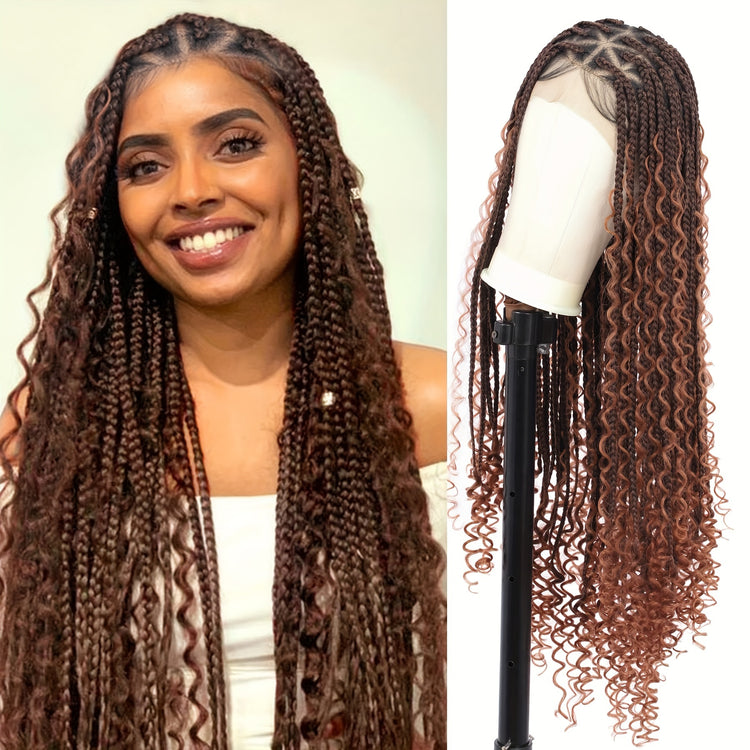 36 Bohemian Chic Box Braids Wig - Triangle Knotless & Curly - Synthetic Embroidered Double Lace Wigs for Women - Lena & Miles Exquisite Boutique LLC.