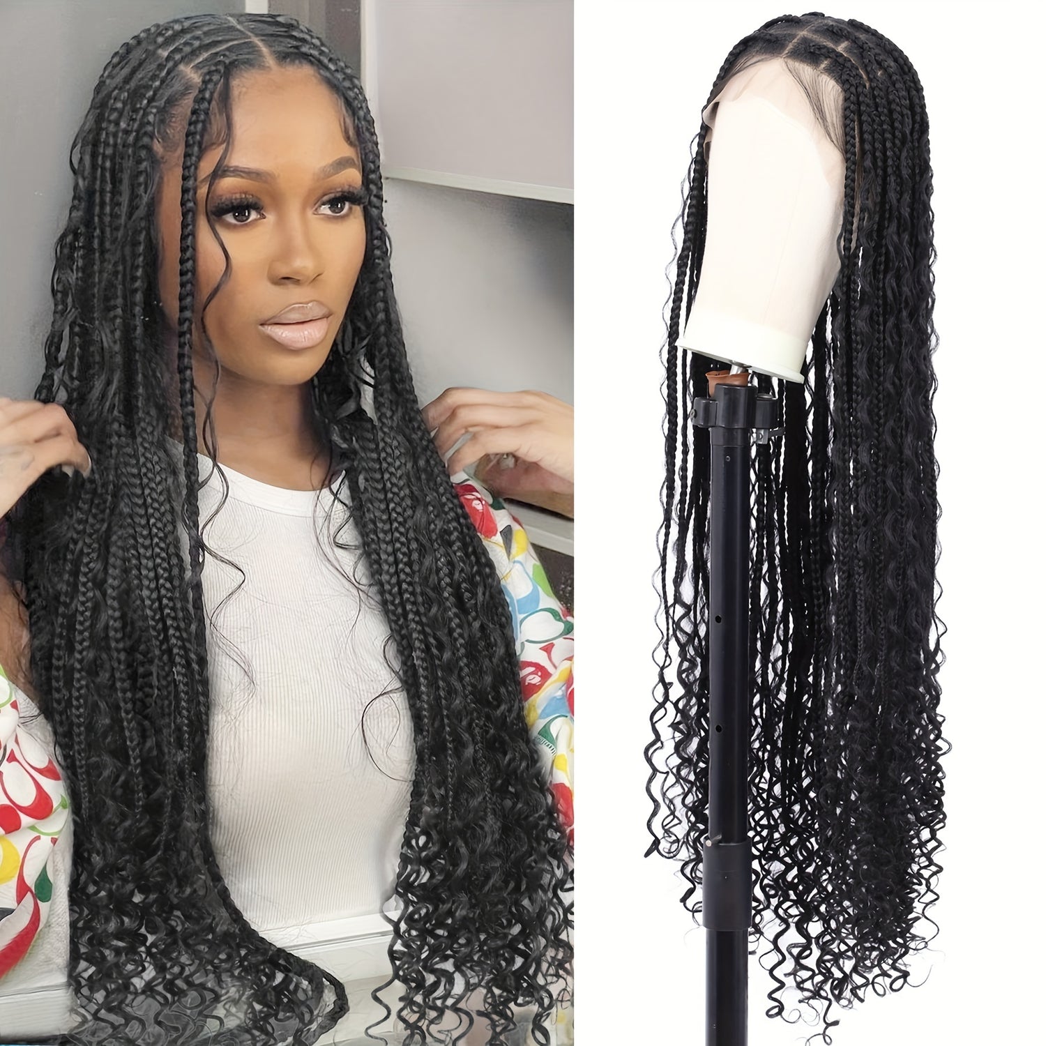 36 Bohemian Chic Box Braids Wig - Triangle Knotless & Curly - Synthetic Embroidered Double Lace Wigs for Women - Lena & Miles Exquisite Boutique LLC.