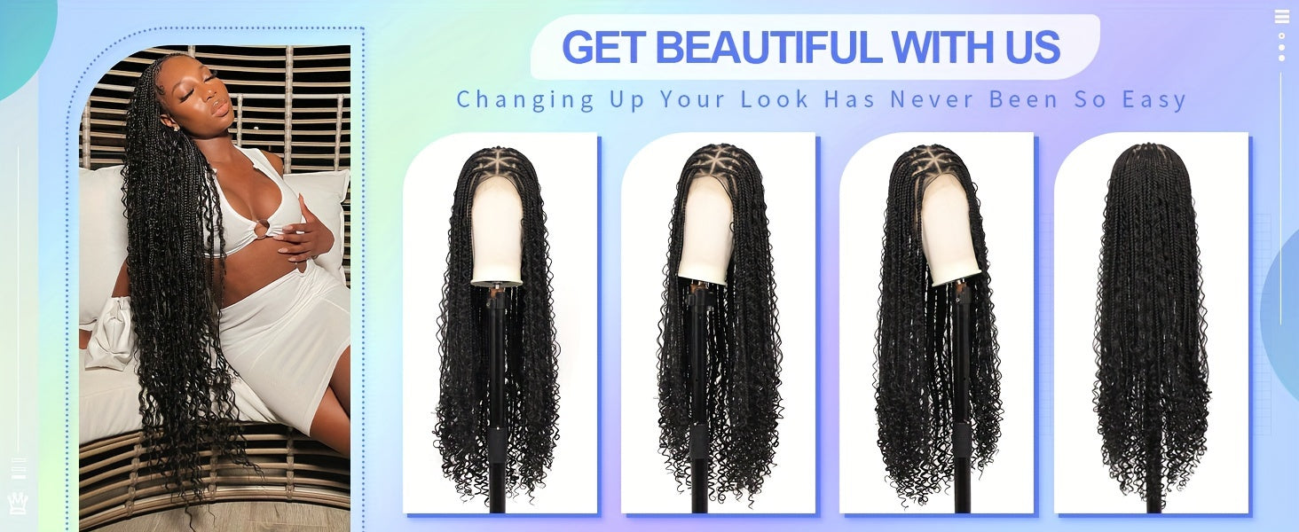 36 Bohemian Chic Box Braids Wig - Triangle Knotless & Curly - Synthetic Embroidered Double Lace Wigs for Women - Lena & Miles Exquisite Boutique LLC.