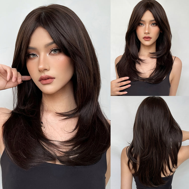 Long Dark Wigs For Women Cute Bob Layered Synthetic Wig Straight Hair Nature Looking - Lena & Miles Exquisite Boutique LLC.